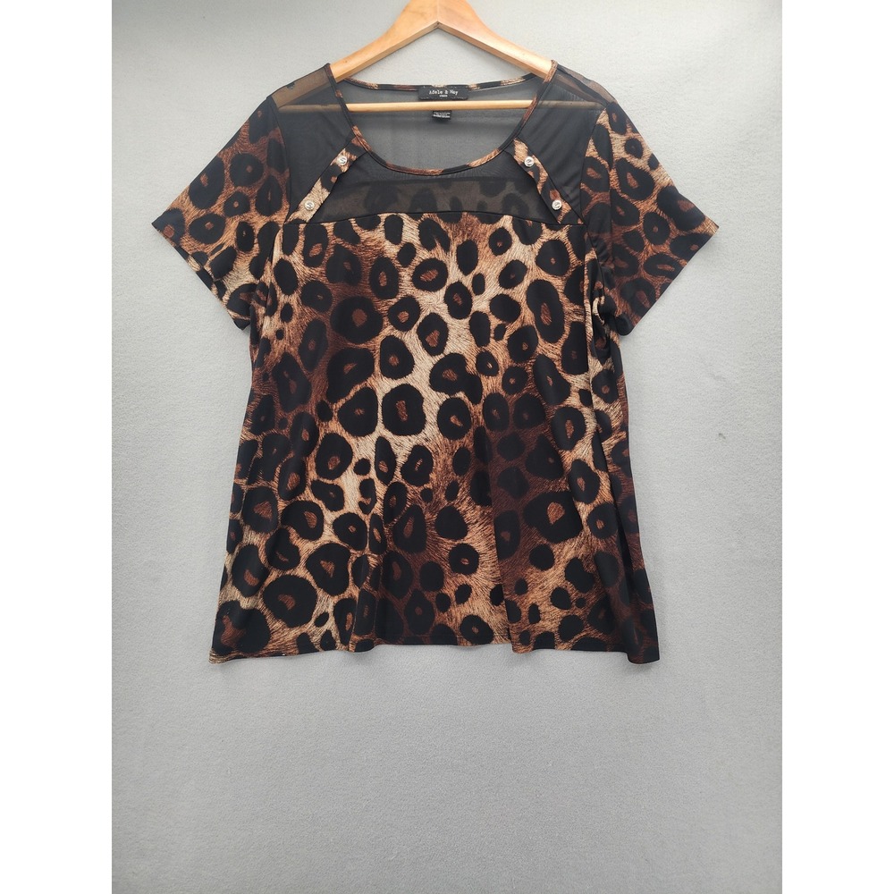 Adele & May Woman 2X Leopard Print Mesh Yoke Top Short Sleeve Blouse Plus Size